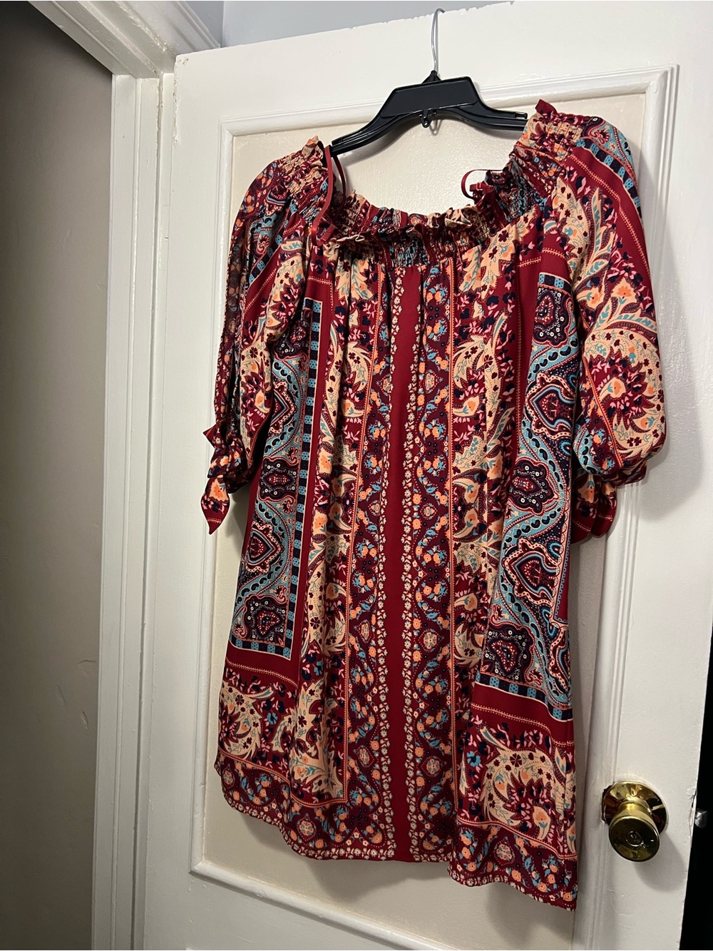 Boho Off-Shoulder Paisley Tunic Top - Burgundy